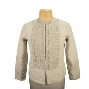 Chico's Quilted Soutache Jacket Women Size 1 M Beige Silk Blend Neutral Classic
